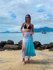 Women's Large Crochet Beach Bag, , With Shoulder Strap, Knitted, For Pool, Summer. - Cadet Blue - View 3