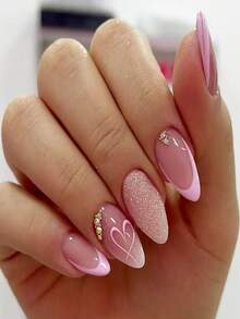 24 piezas de pegatinas de uñas con forma de almendra media y corazones de color rosa romántico con rhinestones, para crear un estilo romántico, suministros de arte de uñas para el Día de San Valentín - Multicolor - Ver 1