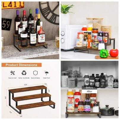 3 - Tier Spice Rack, 13.8 Inch Wood Step Shelf Countertop Spice Storage Holder, Kitchen Pantry Cabinet Organizer Cupboard Spice Bottles, Jars, Seasonings, Baking Supplies, Metal Frame