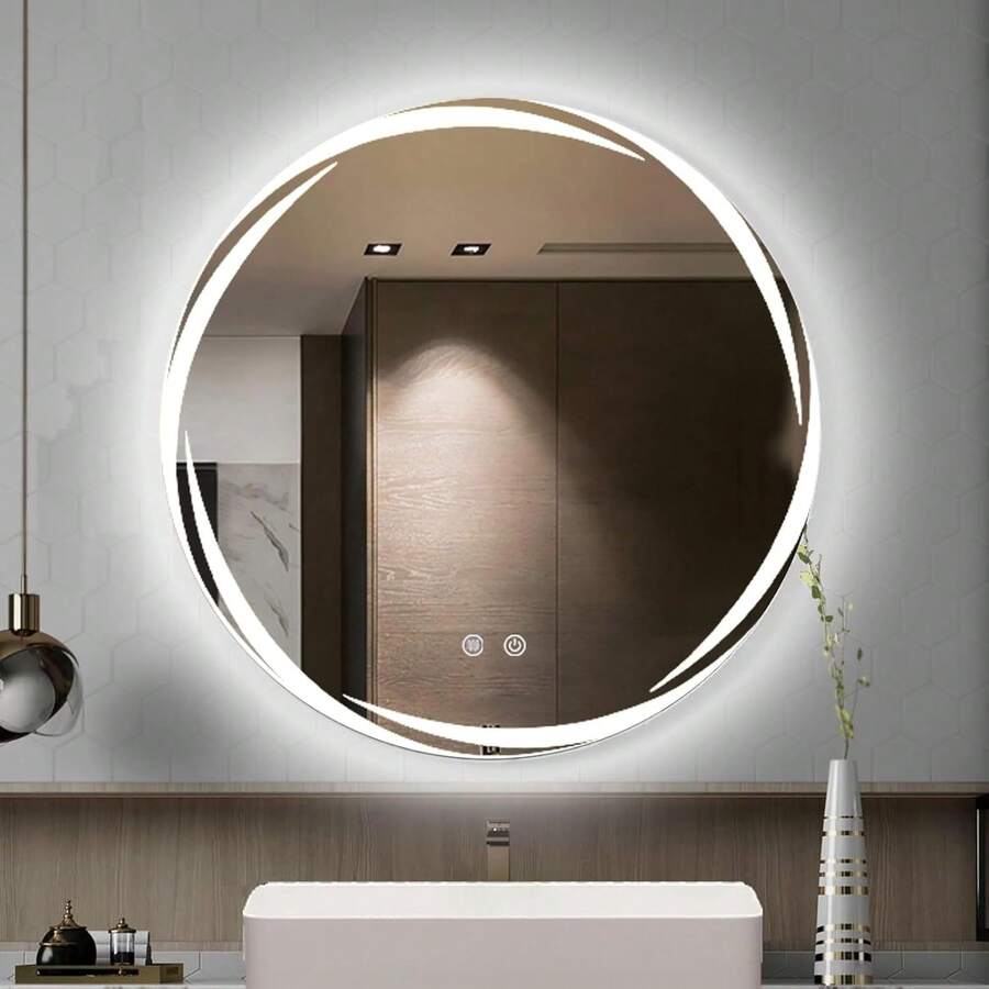 DASHLINE Bathroom Mirror, Round LED Bathroom Mirror With Memory Function And HD Defogger, Makeup Mirror, Smart Touch Buttons, 3 Dimmable Colors, 4mm Explosion-Proof Glass: Home & Kitchen - 灰色 - 光環 - 查看 1