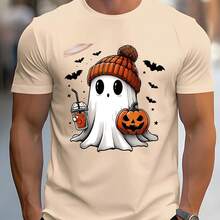 2026 New  Men's T-Shirt Black Short Sleeve T-Shirt With Halloween Ghost Print With Hat And Pumpkin For Daily Wear, Theme Parties And Autumn Season. Comfortable And Versatile Everyday Outfits - 杏色 - 查看 6