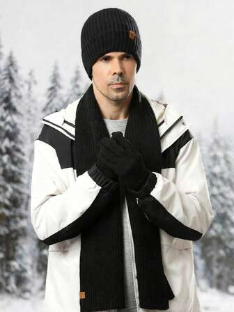 Set de 3 piezas para hombre: Gorro de punto de invierno, bufanda larga y guantes con pantalla táctil. Gorros de doble capa gruesos con forro estampado, tela con textura a rayas, pompón de piel sintética, diseño de copos de nieve. Atuendo cálido para esquiar, viajar, ciclismo, conducir, citas, regalo para hombres, uso diario.
