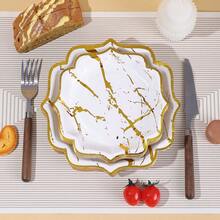 Set de veselă de unică folosință, 10/20/50/80 buc, cu model hexagonal festonat, marmoră albă și aurie, include farfurii de hârtie de 18 cm și 23 cm cu margine aurie, pahare de hârtie de 237 g, șervețele cu 2 straturi de 33 x 33 cm, potrivit pentru ziua de naștere, aniversare, nuntă, petrecere a burlacilor/burlăcițelor, decor de masă pentru petrecere de ziua de naștere. - alb - Vizualizare 3
