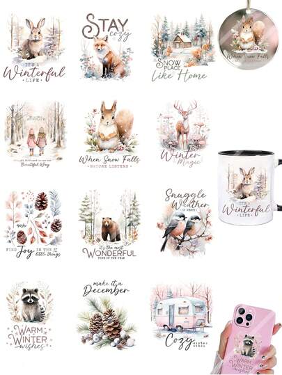 2 Sheets Autumn And Winter Woodland Animals Christmas DIY UV DTF Rub On Transfer Stickers Crafts, Junk Journal, Tumbler Glass Jars, Coffee Mugs Cup Wraps, Bottles Vase, Laptops Phone Cases, Greeting Cards Decal Stickers, Illustration, Scrapbooking, Merry Christmas, Xmas Tree Ornament Transfer Stickers, Party Home Decor