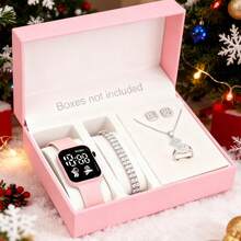 5pcs/Set Astronaut & Spaceship Pattern LED Digital Watch With Square Silver Rhinestone Jewelry Suit, Suitable For Women, Men, Teens, Students, Couples, Fashion, Daily Wear, Outdoor, School, Party, Christmas And Other Occasions