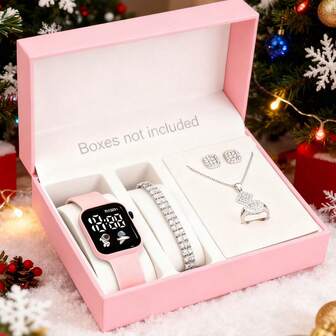 Set de 5 relojes digitales LED con patrón de astronauta y nave espacial, con joyas de cristal de imitación cuadradas plateadas, adecuados para mujeres, hombres, adolescentes, estudiantes, parejas, para uso diario, al aire libre, escuela, fiesta, Navidad y otras ocasiones