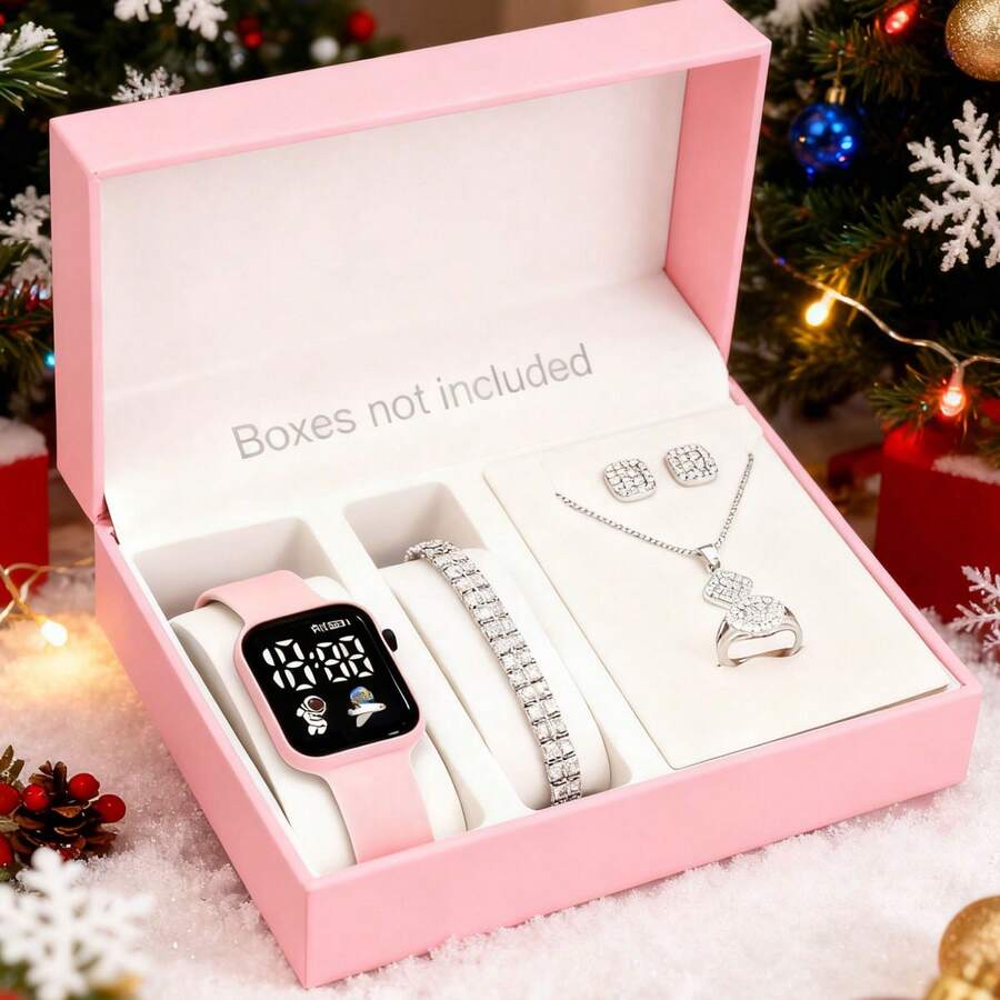 5pcs/Set Astronaut & Spaceship Pattern LED Digital Watch With Square Silver Rhinestone Jewelry Suit, Suitable For Women, Men, Teens, Students, Couples, Fashion, Daily Wear, Outdoor, School, Party, Christmas And Other Occasions