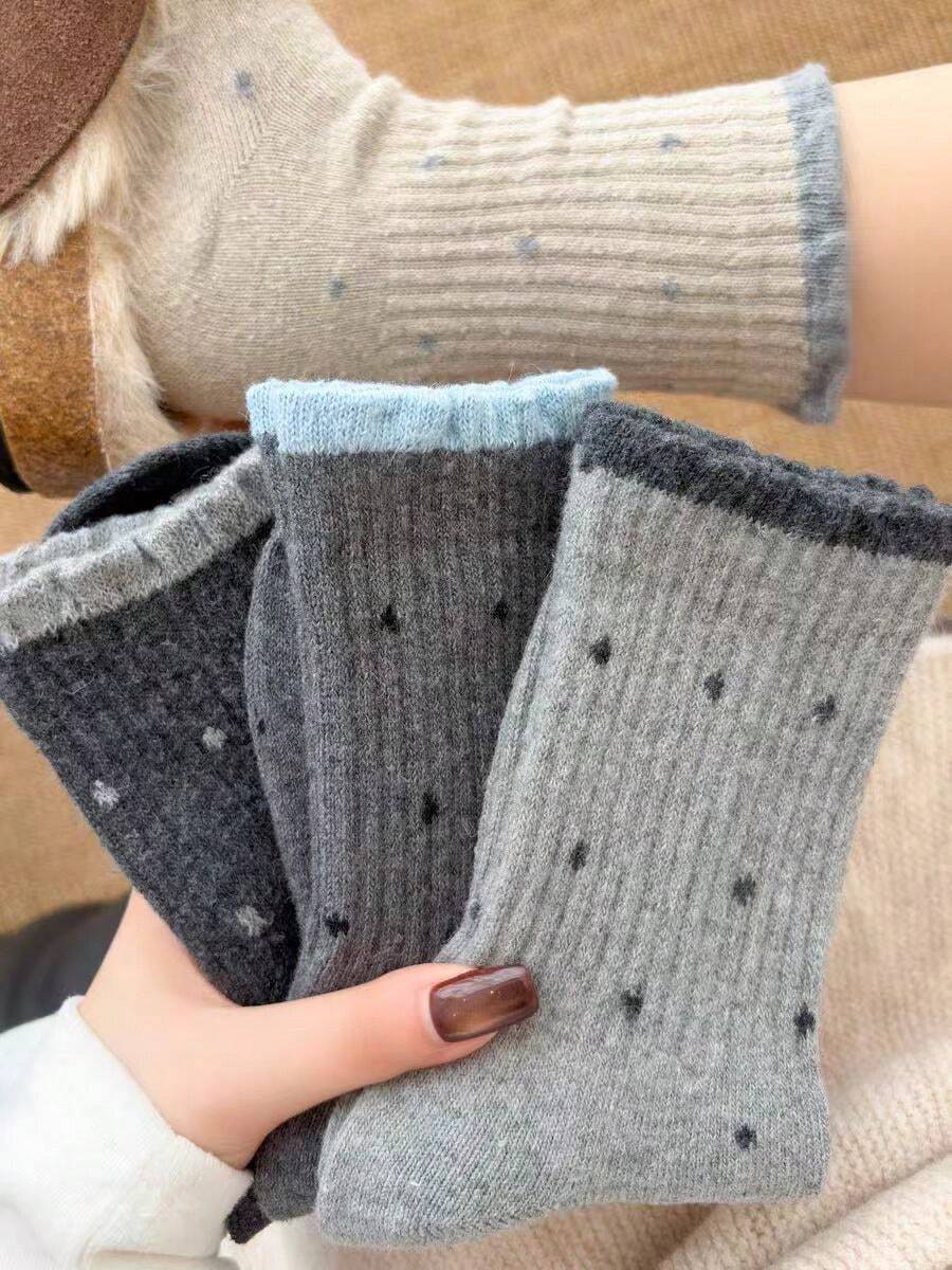 1/4 Pairs Women's Polka Dot Mid-Calf Socks, Korean Style Ins Lace Socks, Warm And Versatile, Autumn/Winter - Multicolor - View 1