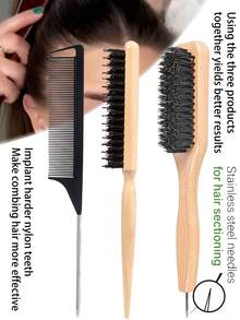 顺滑猪鬃毛梳，打造光滑马尾发型，抚平毛躁碎发，控制发际线 - 锥形尾梳和蓬松梳，方便分区和分缝，猪鬃毛梳套装，包含发际线控制梳 - 彩色 - 查看 6