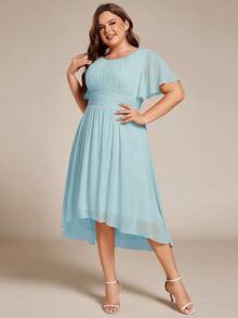 EVERPRETTY Plus Size Elegant Chiffon Round Neck Short Sleeve High-Low Hem Bridesmaid Dress, High Waist Design - Baby Blue - View 4