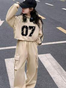 2pcs Girls Set, Girls Graphic Letter Print Hoodie, Casual Cargo Pants - Apricot - View 2