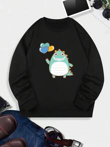Men Cozy Dinosaur Love Balloon Print Sweatshirt Casual Long Sleeve Crew Neck Pullover For Spring Fall Machine Washable - 黑色 - 查看 2