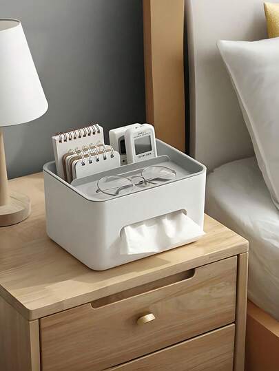 Багатофункціональний органайзер для зберігання на робочому столі, включає коробку для серветок, тримач для пульта дистанційного керування, слот для окулярів, слот для телефону, пластикові висувні шухляди, підставку для серветок, практична коробка для зберігання, підходить для вітальні, спальні, ванної кімнати, кабінету, стільниці в кафе, може використовуватися як коробка для зберігання різних речей, аксесуар для робочого столу, товари для дому.