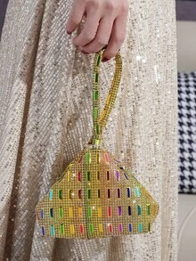 Bolso de mano tipo clutch con decoración de cristales brillantes, bolso elegante para asistir a fiestas - Dorado - Ver 2
