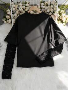 Lysee 女士 Y2K 风格黑色宽松 T 恤，蕾丝袖口，朋克风二合一长袖蕾丝拼接上衣，休闲街头服饰 - 黑色 - 查看 5