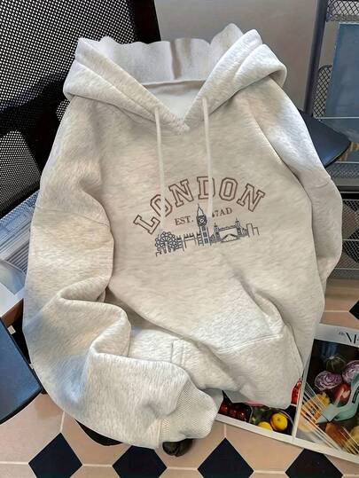 Sudadera con capucha estampada de patrón de Londres para mujeres - diseño en relieve de Big Ben y monumentos, suave y elástica, con bolsillo canguro, cómoda sudadera casual para otoño e invierno