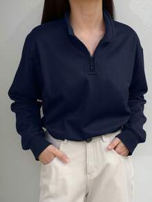 1 件青少年女孩返校翻领运动衫，宽松舒适休闲时尚百搭日常穿着 - 藏蓝色 - 查看 4