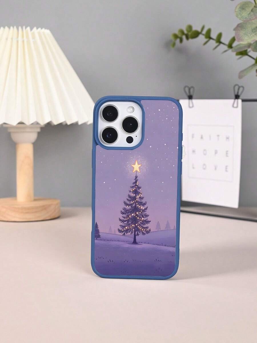 Funda de Silicona TPU para iPhone X/XS/11/12/13/14/15/16 y S22/S23/S24/S25 con Diseño Navideño de Árbol de Navidad con Estrella, Estilo Artístico Pastel Morado, Protectora Suave, I - Azul - Ver 1