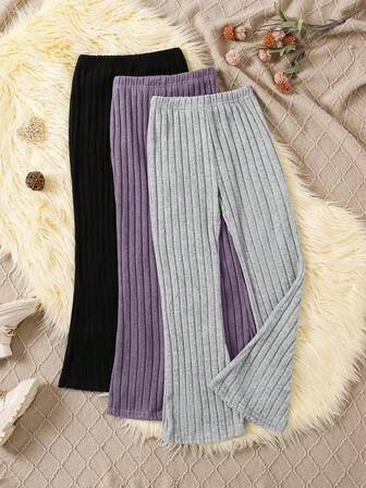 3pcs Stylish And Versatile Wide Ribbed Solid Color Casual Slim-Fit Flared Pants For Young Girls. These Soft And Comfortable Knit Leggings Are Perfect For Any Occasion, From Spring/Summer/Autumn/Winter, For Outdoor Activities, School, Cycling, Parties, Travel, And Everyday Casual Wear.