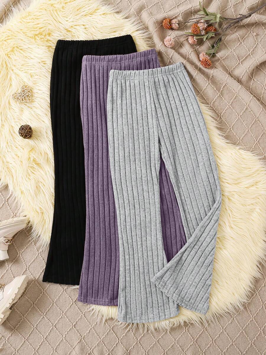 Conjunto de 3 peças: Calça legging flare de malha canelada larga, cor sólida, modelagem justa e moderna, ideal para meninas. Macia e confortável, esta legging é perfeita para diversas ocasiões, da primavera ao inverno, incluindo atividades ao ar livre, escola, ciclismo, festas, viagens e uso casual no dia a dia. - Multicolorido - Ver 1