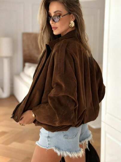 Solstice Apparel Plus Size Faux Suede Collar Zip-Up Short Jacket, Loose Drop Shoulder Lantern Sleeve Outerwear, American Vintage Style, Suitable For Daily Wear, Work And Dates, Multipurpose Top For Spring And Autumn