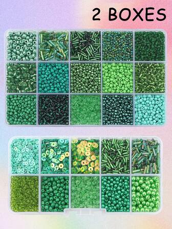 2 Boxes/Pack The Green Series Of Multi Element Glass Seed Deads And Sequins Set,Tube Bead And Rice Bead Series Combination Set For Jewelry Making DIY Bracelet Necklace Craft Beads,Popular DIY Set Combinations, Suitable For Various Scenarios,Arts And Crafts For Best Friend Gifts