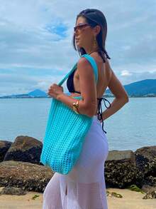 Women's Large Crochet Beach Bag, , With Shoulder Strap, Knitted, For Pool, Summer. - Cadet Blue - View 2