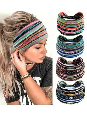 1/4pcs Bohemian Yoga Sports Headband Elastic Striped Sweat-Absorbent Elastic Headwear For Women Fashion Hair Bands Winter Hair Accessories