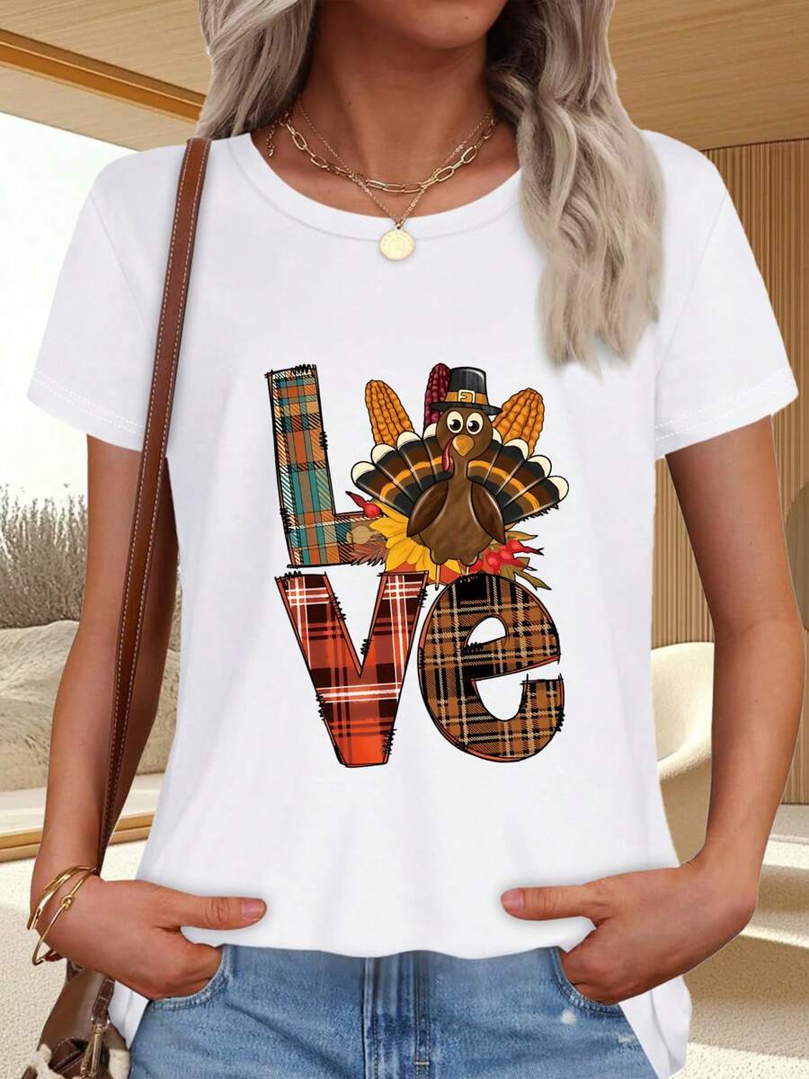 Thanksgiving T-Shirt With Turkey Print And "Love" Lettering In Checkered Pattern - 白色 - 查看 1