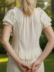 Women Shirt Puff Short Sleeve Square Neck Tie Up Front Ruffle Trim Decor Cute Crop Blouses - 杏色 - 查看 4