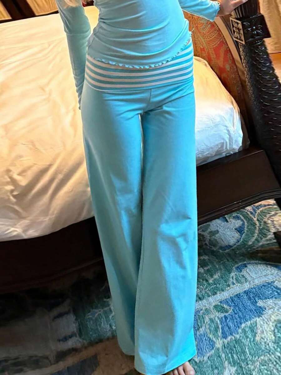 Women's Y2K Striped Wide-Leg Pants - Fold-Over Waist Casual Lounge Trousers - Retro Sweet Streetwear Pants - Màu xanh lam - Xem 1