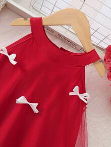 Vestido casual de niña con cuello redondo, sin mangas, de unicolor, con volantes de malla en el bajo - Burdeos - Ver 4