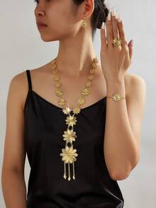 Bộ trang sức cổ điển mạ vàng 18K sang trọng dành cho nữ, thiết kế vuông thanh lịch gồm dây chuyền, bông tai, vòng tay và nhẫn, phù hợp cho Nigeria, Dubai, Trung Đông, Ả Rập Xê Út, quà cưới, quà tặng hàng ngày, quà kỷ niệm, quà Halloween. - PSJT-326 - Xem 3