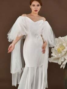 1 Pair Elegant Flowing Long Bridal Gloves And Shawl; Exaggerated Bow Shoulder Sleeves, Suitable For Stage Performance - Beige - View 3