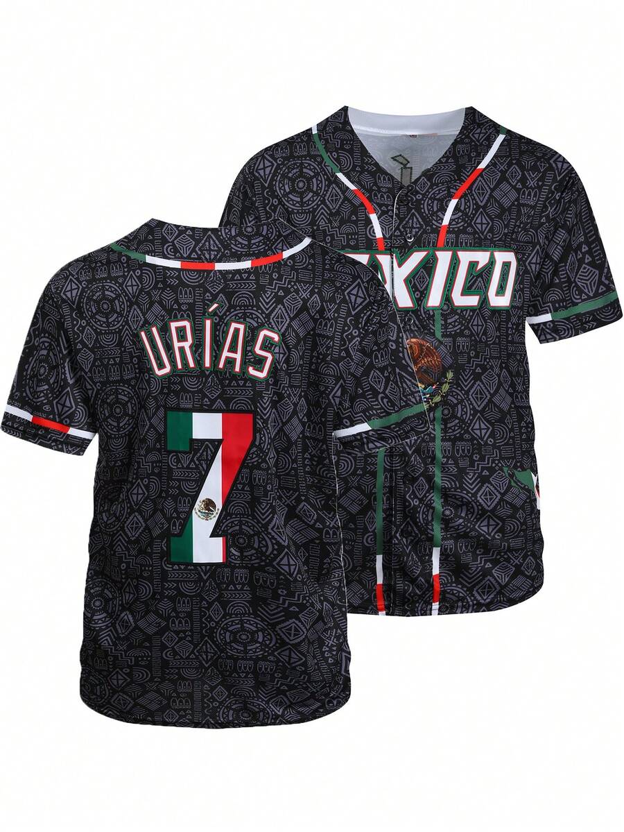 Men's 7 Black Baseball Jersey Casual Short Sleeved Embroidered And Stitching V-Neck Button T-Shirt Party Sports Top