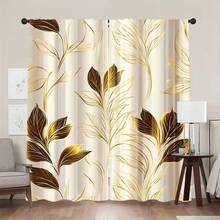 2 pièces Rideaux élégants à imprimé feuille, design artistique abstrait doré et marron, rideaux en polyester semi-transparents, durables et lavables en machine, avec passants pour tringle (tringles non incluses), convient pour le bureau, le salon, la chambre, la salle à manger, la cuisine, la salle de bain, le bureau. Rideaux semi-transparents faciles à installer, décoration d'intérieur quotidienne, convient pour toutes les saisons - Multicolore - Voir 3