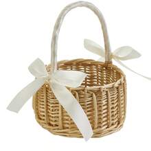 Cesta de flores tejida, elegante, rústica, con lazos, de gran capacidad, ligera y portátil para almacenamiento. - Blanco - Ver 6