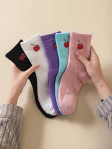 5 Pairs Korean Cherry Women's Socks, Casual Sports Socks, Unisex Mid-Calf Socks - Multicolor - View 7