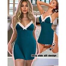- Lencería para mujer, con tirantes delgados, camisón de babydoll(CH Azul y blanco) - Multicolor - Ver 2