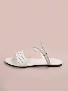 Versatile Minimalist Flat Open Toe Sandals With Delicate Rhinestone Design, Vintage Aesthetic Suitable For Dates, Commuting, Travel - White - View 3