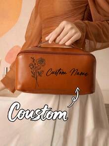 Personalized Women's Real Leather Cosmetic Bag, Customizable Name Travel Makeup Bag, Customizable Toiletry Bag, Large Zipper Opening Cosmetic Bag, Reusable Makeup Bag, Skincare Set Cosmetic Bag Packaging Box