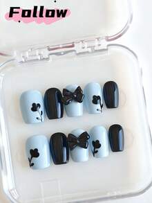 10 piezas de pegatinas cuadradas hechas a mano para uñas, pegatinas para uñas cortas, pegatinas para uñas azules, pegatinas para uñas navideñas, pegatinas para uñas negras, suministros de arte de uñas, pegatinas para uñas estilo Y2K, pegatinas decorativas con lazos lindos, pegatinas para uñas con flores pintadas a mano, uñas postizas, adecuadas para fiestas, celebraciones, uso diario, incluye herramientas, regalo ideal para mujeres y niñas - Multicolor - Ver 1