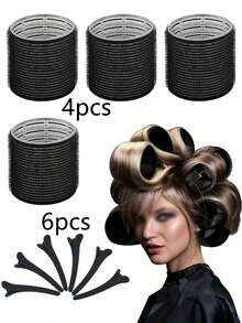 Set de 10 rizadores de pelo jumbo, rodillos de pelo grandes con clips, rizadores de pelo autoadhesivos, adecuados para cabello largo/medio/corto, flequillo, herramientas esenciales de rizado para familias (incluye 4 rizadores y 6 clips para el cabello), kit de peinado, kit de herramientas para el cabello para peluquería, salón de belleza, viaje, productos esenciales para el cuidado del cabello, accesorios para el cabello - Multicolor - Ver 1