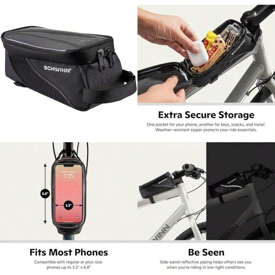 Schwinn - para bicicletas, color negro, cierre de cierre de apertura ancha, fácil instalación, ribetes reflectantes, compatible con la mayoría de bicicletas de adultos(Bolsa para teléfono montada en marco) - Multicolor - Ver 1