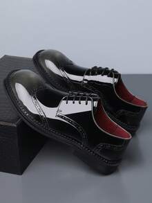 1 Pair Men's Round Toe Low-Top PU Leather Upper Rubber Sole Comfortable Lace-Up Brogue Shoes, Suitable For Office And Casual Wear - Grey - View 2