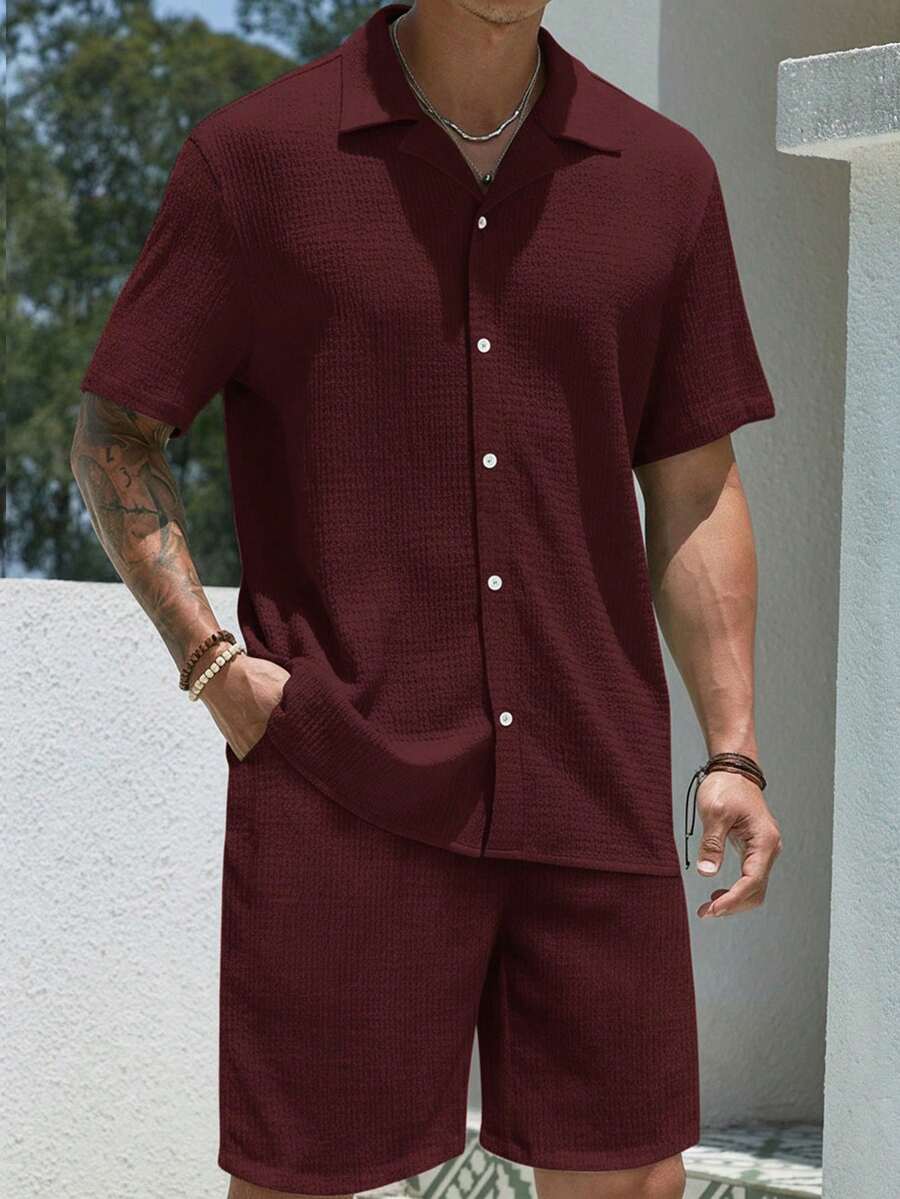2pcs/Set Fashionable European Style Jacquard Casual Brand Loose Short Sleeve Shirt And Pants Beach Holiday Outfit, Suitable As Gift For Husband/Boyfriend - 酒紅色 - 查看 1
