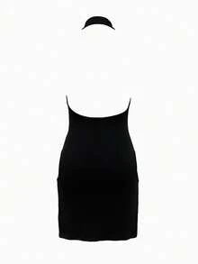 Sexy Summer Halter Open Back Cutout Slit Dress - Black - View 3