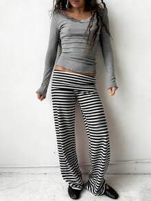 Women's Y2K Striped Wide-Leg Pants - Fold-Over Waist Casual Lounge Trousers - Retro Sweet Streetwear Pants - màu đen - Xem 2