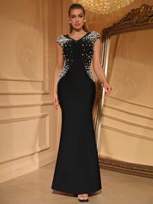 Love Aing 女士奢华连衣裙，优雅手工定制闪亮珍珠黑色派对鸡尾酒礼服，适合新年、派对、舞会、正式晚宴、婚礼宾客等场合。 - 黑色 - 查看 9