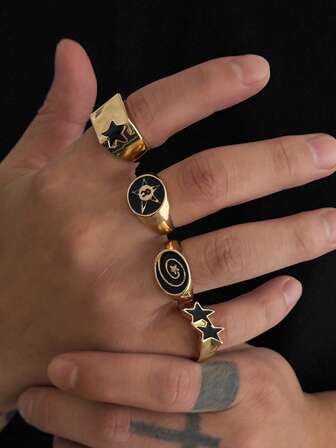 4Pcs Punk Fashion Enamel Star Decor Stackable Open Ring Set For Unisex Daily & Party Wear,Ideal Match For Street Cool Outfit
